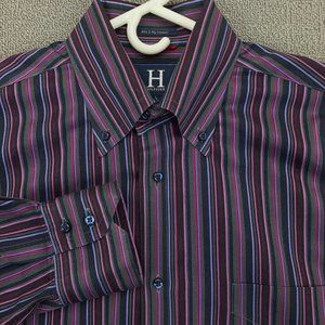 Tommy Hilfiger Shirt Mens Large Purple Black Stripe Button Up Long Sleeve #9570